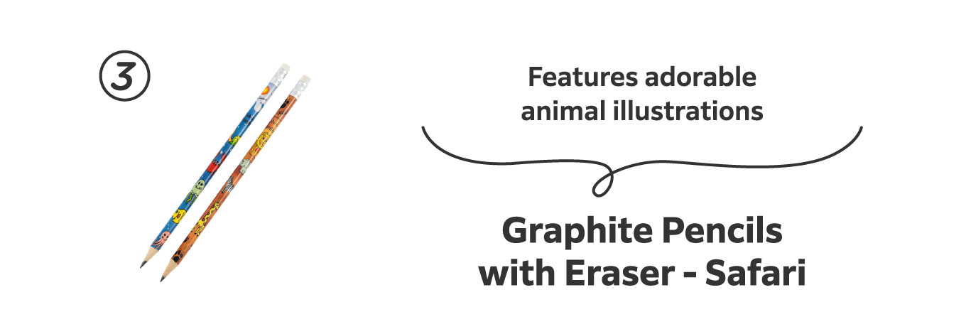 Features adorable animal illustrations
                          3. Graphite Pencils with Eraser - Safari
