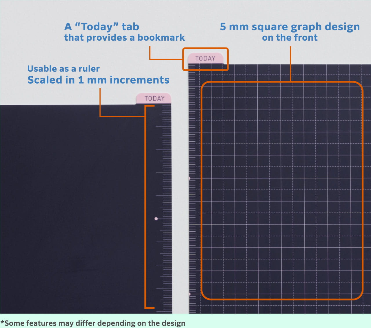 Usable as a ruler
                    Scaled in 1 mm increments
                    A “Today” tab that provides a bookmark
                    ５mm square graph design on the front
                    *Some features may differ depending on the design
