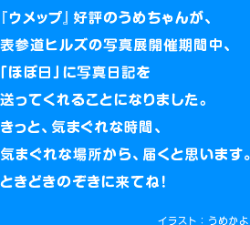 『ウメップ』好評のうめちゃんが、表参道ヒルズの写真展開催期間中、「ほぼ日」に写真日記を送ってくれることになりました。きっと、気まぐれな時間、気まぐれな場所から、届くと思います。ときどきのぞきに来てね!