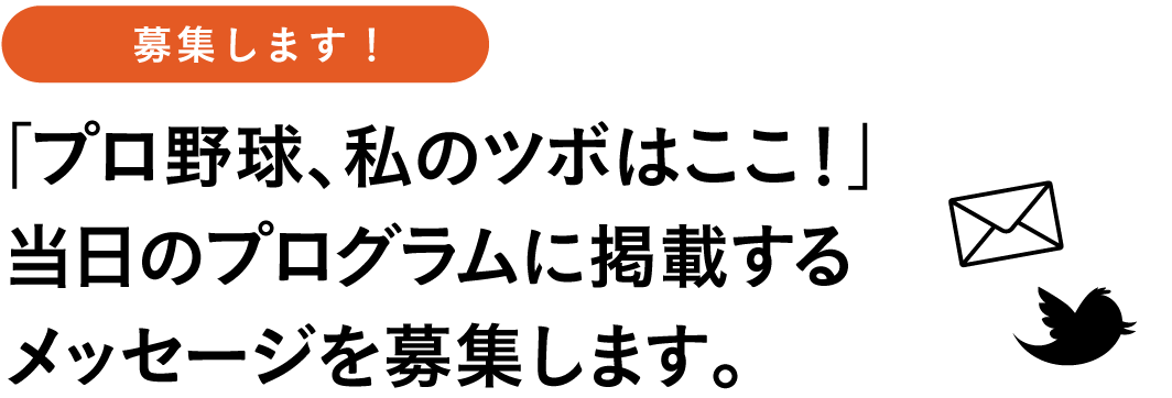野球のことば募集
募集します!
「プロ野球、私のツボはここ!」
当日のプログラムに掲載する
メッセージを募集します。