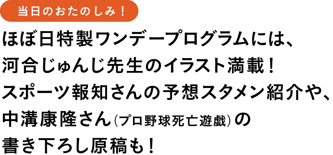 当日のおたのしみ!
ほぼ日特製ワンデープログラムには、
河合じゅんじ先生のイラスト満載!
スポーツ報知さんの予想スタメン紹介や、
中溝康隆さん(プロ野球死亡遊戯)の
書き下ろし原稿も!