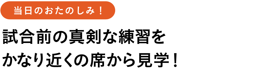 当日のおたのしみ! 試合前の真剣な練習を
かなり近くの席から見学!