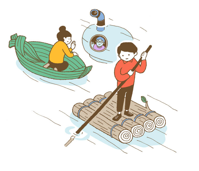 笹舟に乗った女の子、潜水艦に乗った青年、いかだを漕ぐ青年の画像
