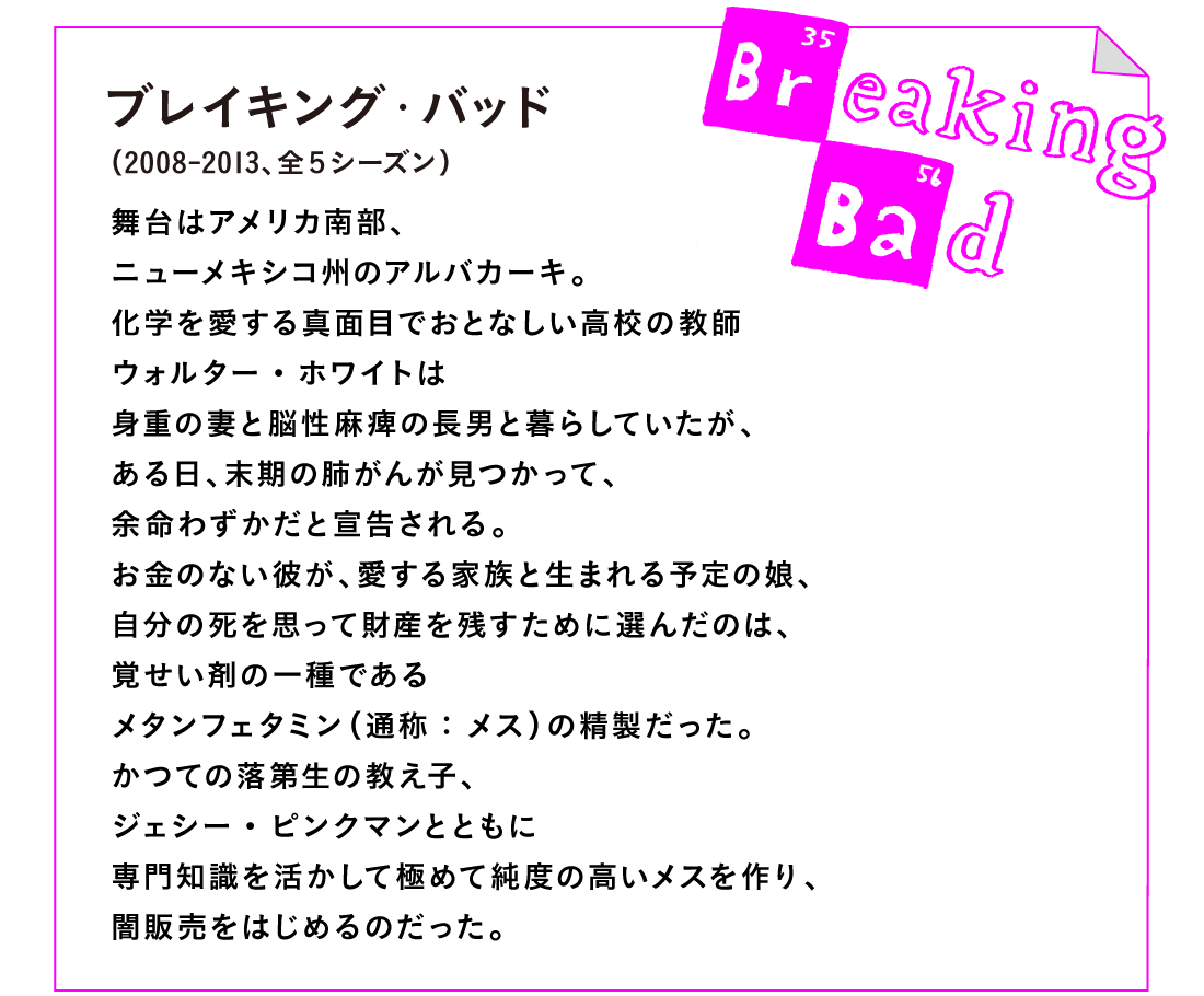 ブレイキング・バッド（2008-2013、全５シーズン）

舞台はアメリカ南部、
ニューメキシコ州のアルバカーキ。
化学を愛する真面目でおとなしい高校の教師
ウォルター・ホワイトは
身重の妻と脳性麻痺の長男と暮らしていたが、
ある日、末期の肺がんが見つかって、
余命わずかだと宣告される。
お金のない彼が、愛する家族と生まれる予定の娘、
自分の死を思って財産を残すために選んだのは、
覚せい剤の一種である
メタンフェタミン（通称：メス）の精製だった。
かつての落第生の教え子、
ジェシー・ピンクマンとともに
専門知識を活かして極めて純度の高いメスを作り、
闇販売をはじめるのだった。
