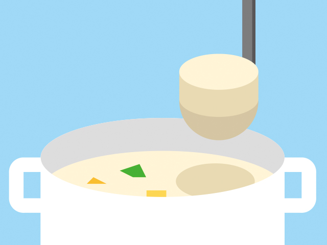 「冷え固まったシチューからおたまを引き抜いたシーン」