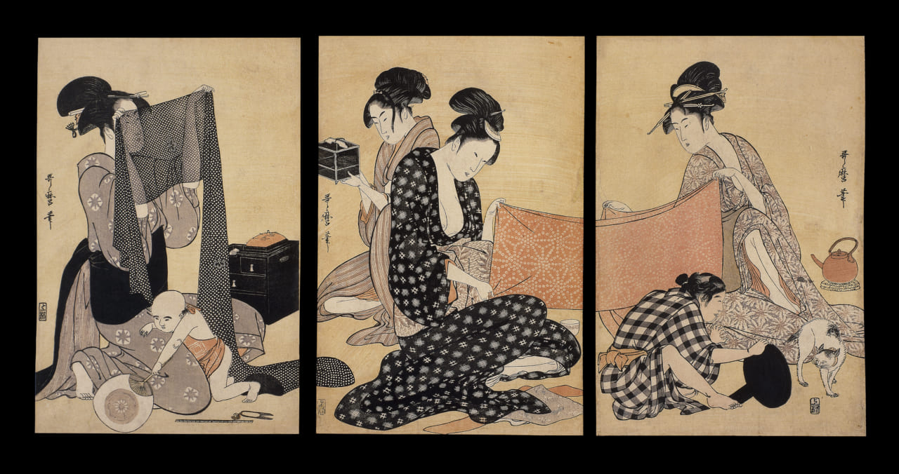 喜多川歌麿「針仕事」 大判錦絵３枚続 寛政6～7年（1794～5）頃 大英博物館蔵 Ⓒ The Trustees of the British Museum 展示期間：2019 年 12 月 17 日～ 2020年1 月 19 日（東京会場）