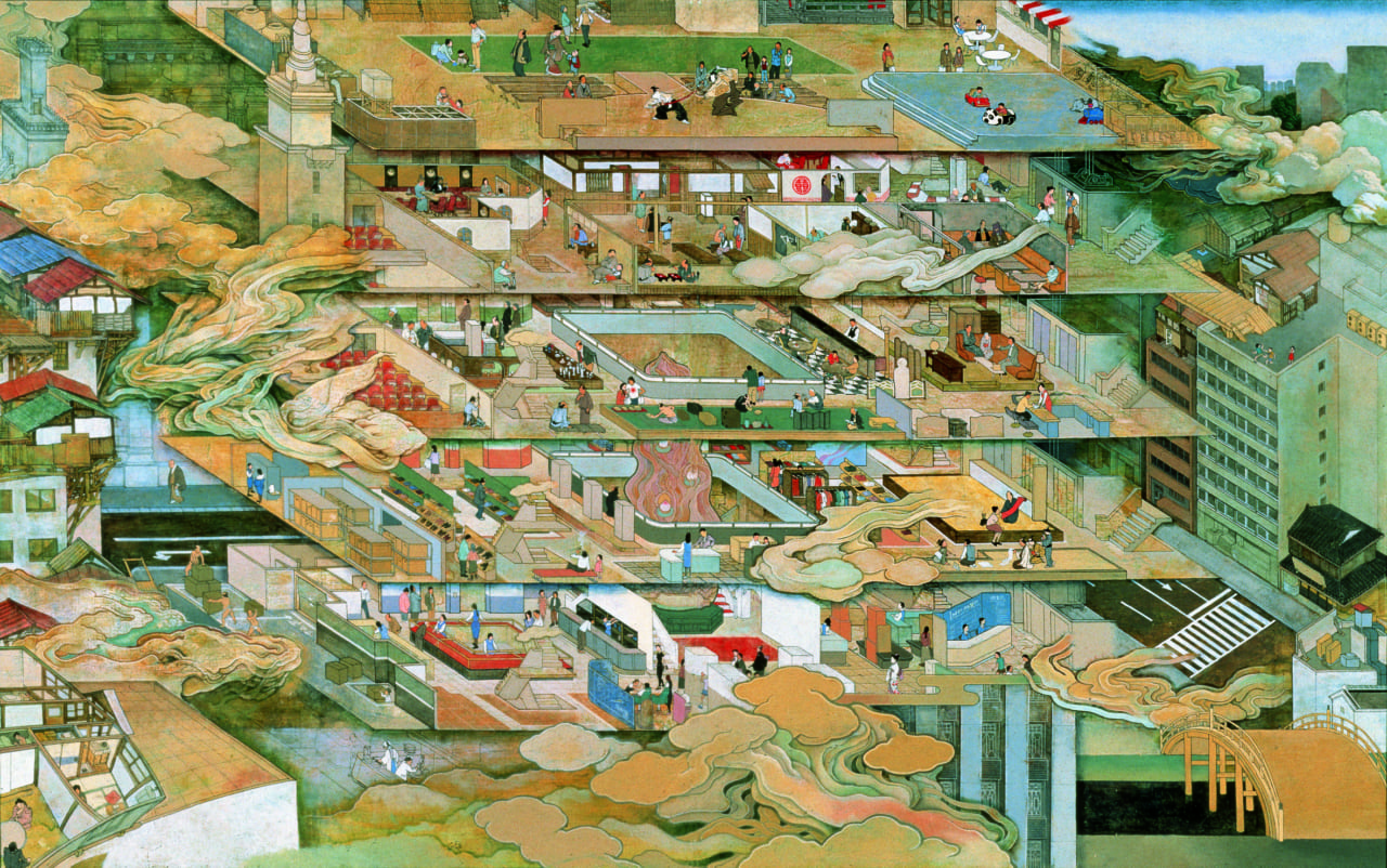 山口晃　百貨店圖（日本橋）　1995　カンヴァスに油彩　91ｘ143.4cm　　©️YAMAGUCHI Akira　Courtesy of Mizuma Art Gallery