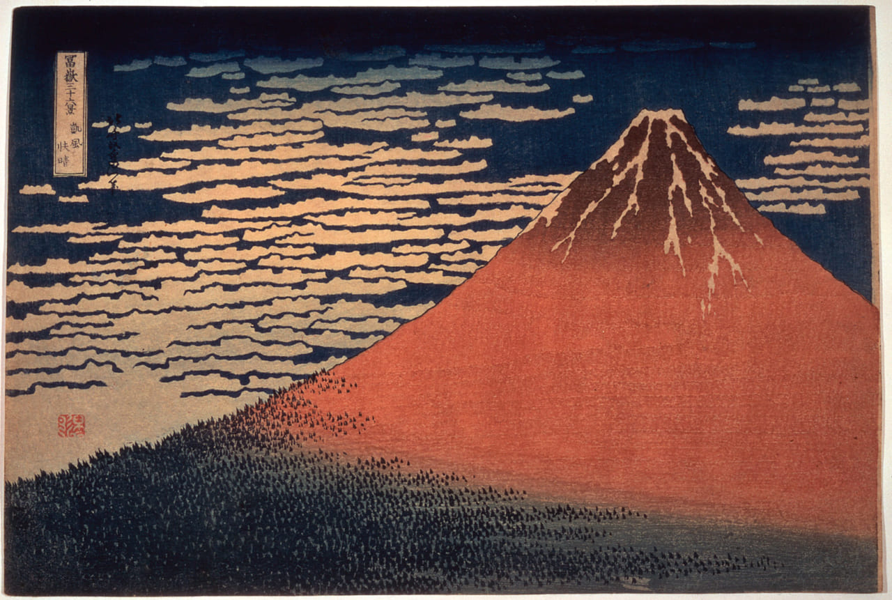 葛飾北斎「冨嶽三十六景　凱風快晴」 横大判錦絵 天保2～4年（1831～33）頃 東京都江戸東京博物館蔵 展示期間：2019 年 12 月 17 日～ 2020年1 月 19 日（東京会場）