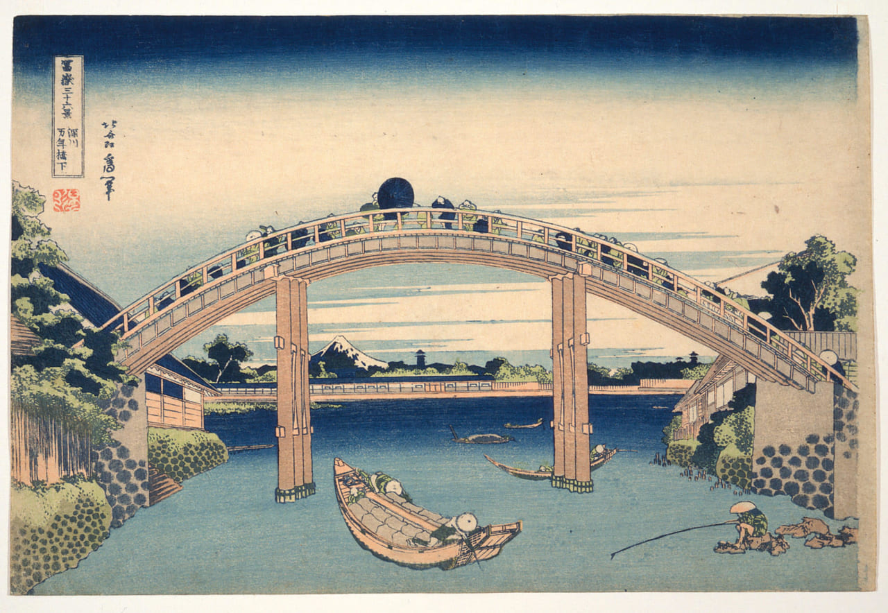 葛飾北斎「冨嶽三十六景　深川万年橋下」 横大判錦絵 天保2-4年（1831-33）頃 東京都江戸東京博物館蔵 展示期間： 2019 年 12 月 17 日～ 2020年1 月 19 日（東京会場）