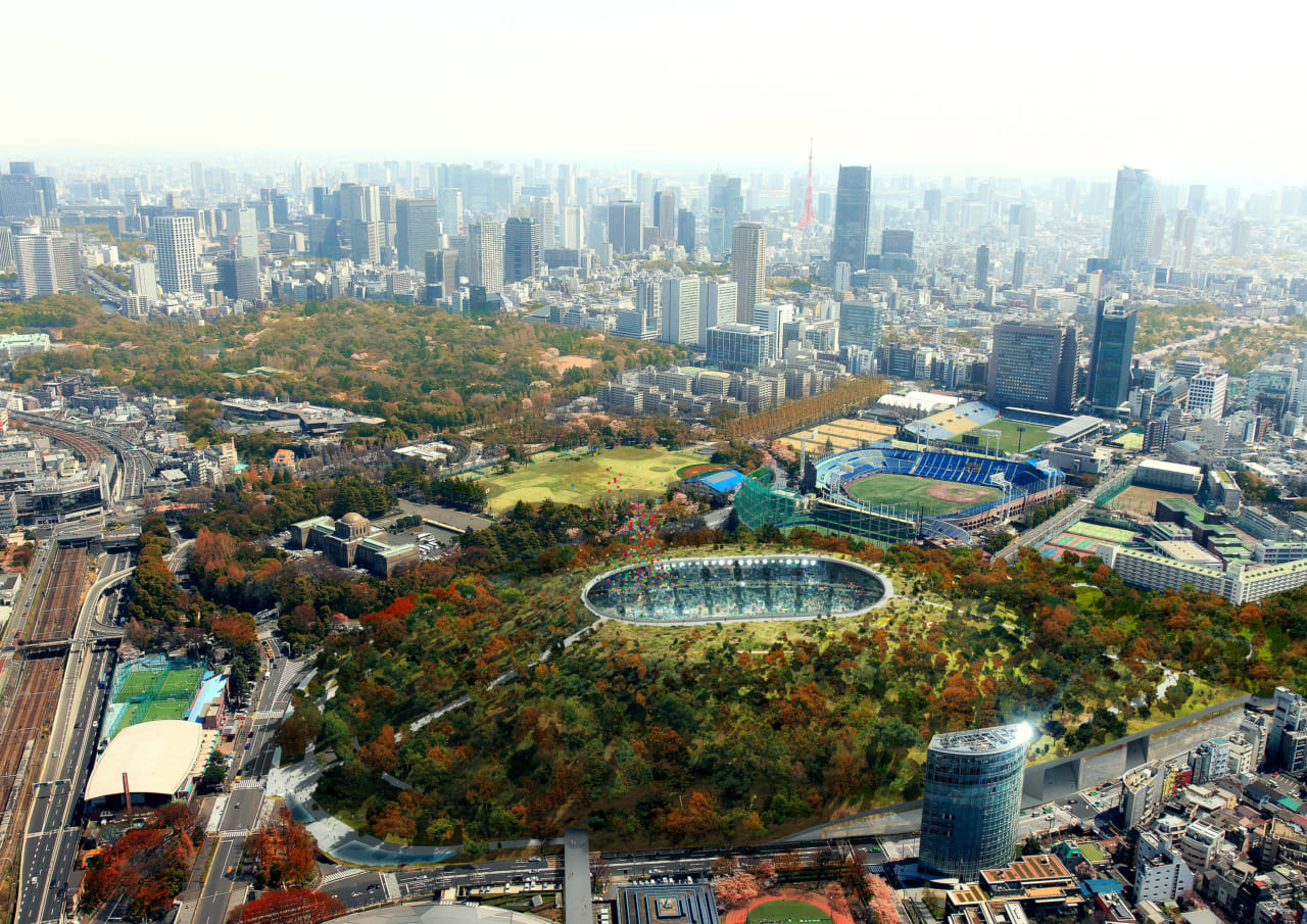新国立競技場案 古墳スタジアム（2012年）image: courtesy of DGT.　2012年の新国立競技場の国際デザイン・コンクールでは、11名のファイナリストに選出された「古墳スタジアム」が話題となった。
