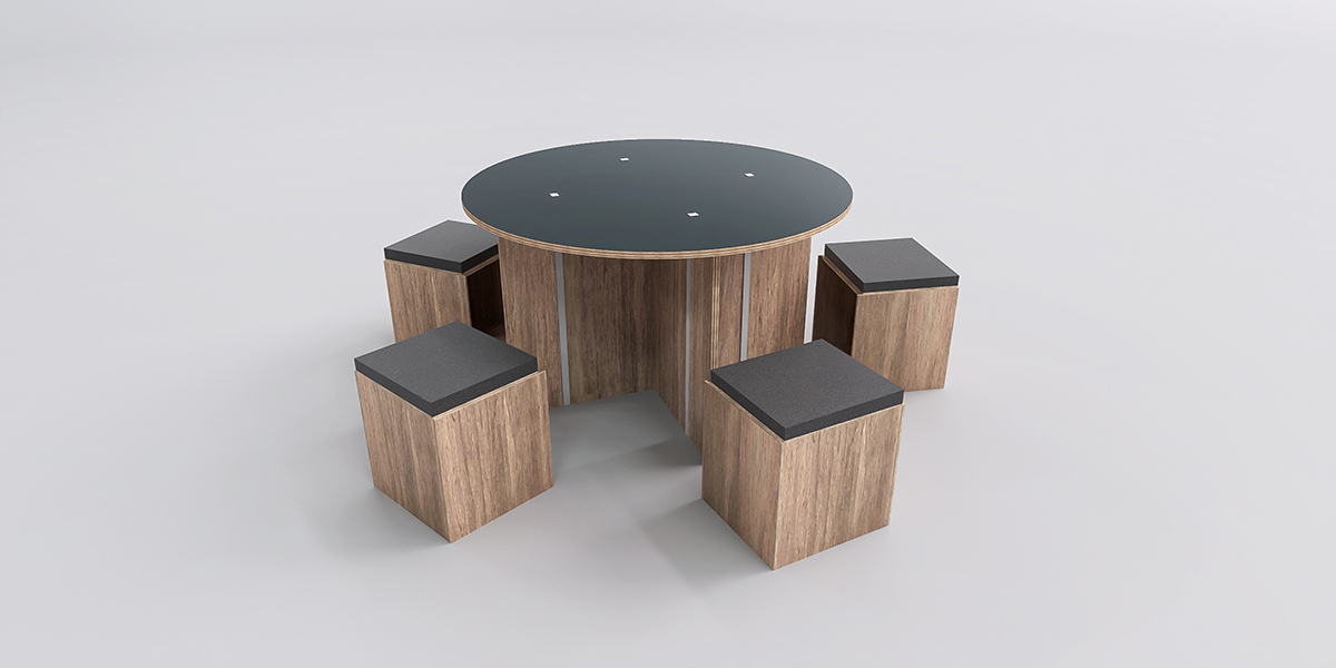 ▲ボックス型のスツールと丸テーブル。