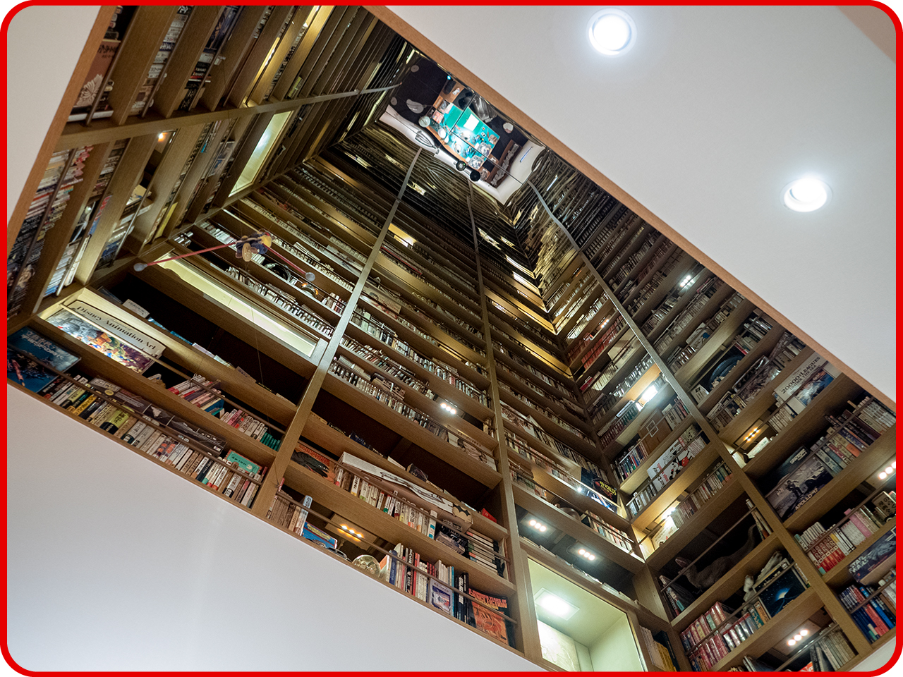 ▲見上げると、高くのびた本棚に、
圧倒されそうな量の本。