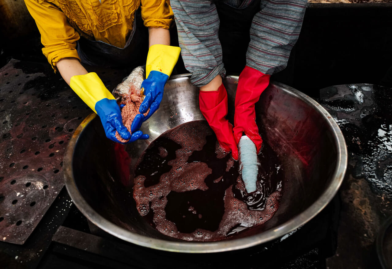 ▲車輪梅に持参した靴下と毛糸を染めます。