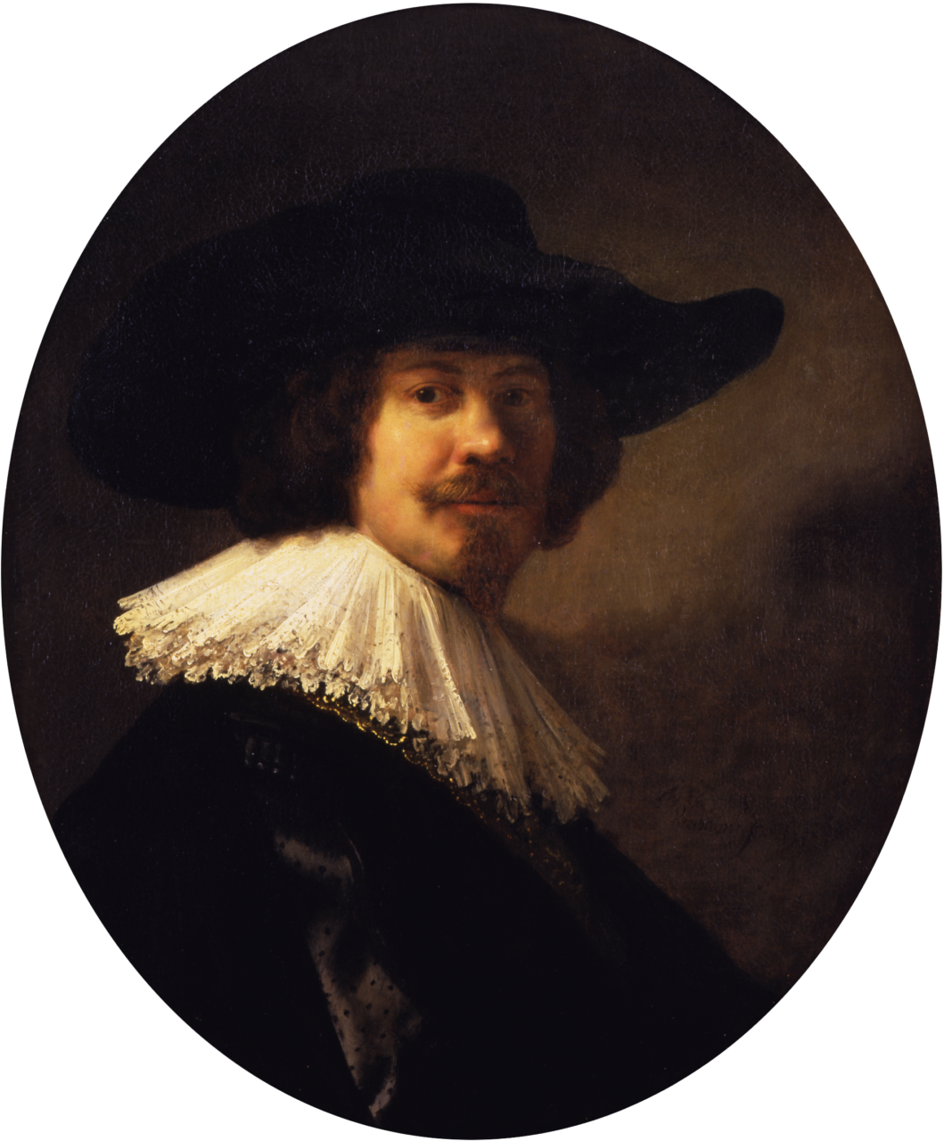 レンブラント・ファン・レイン《広つば帽を被った男》1635年　油彩、カンヴァス　76.0 × 63.5cm（楕円形）