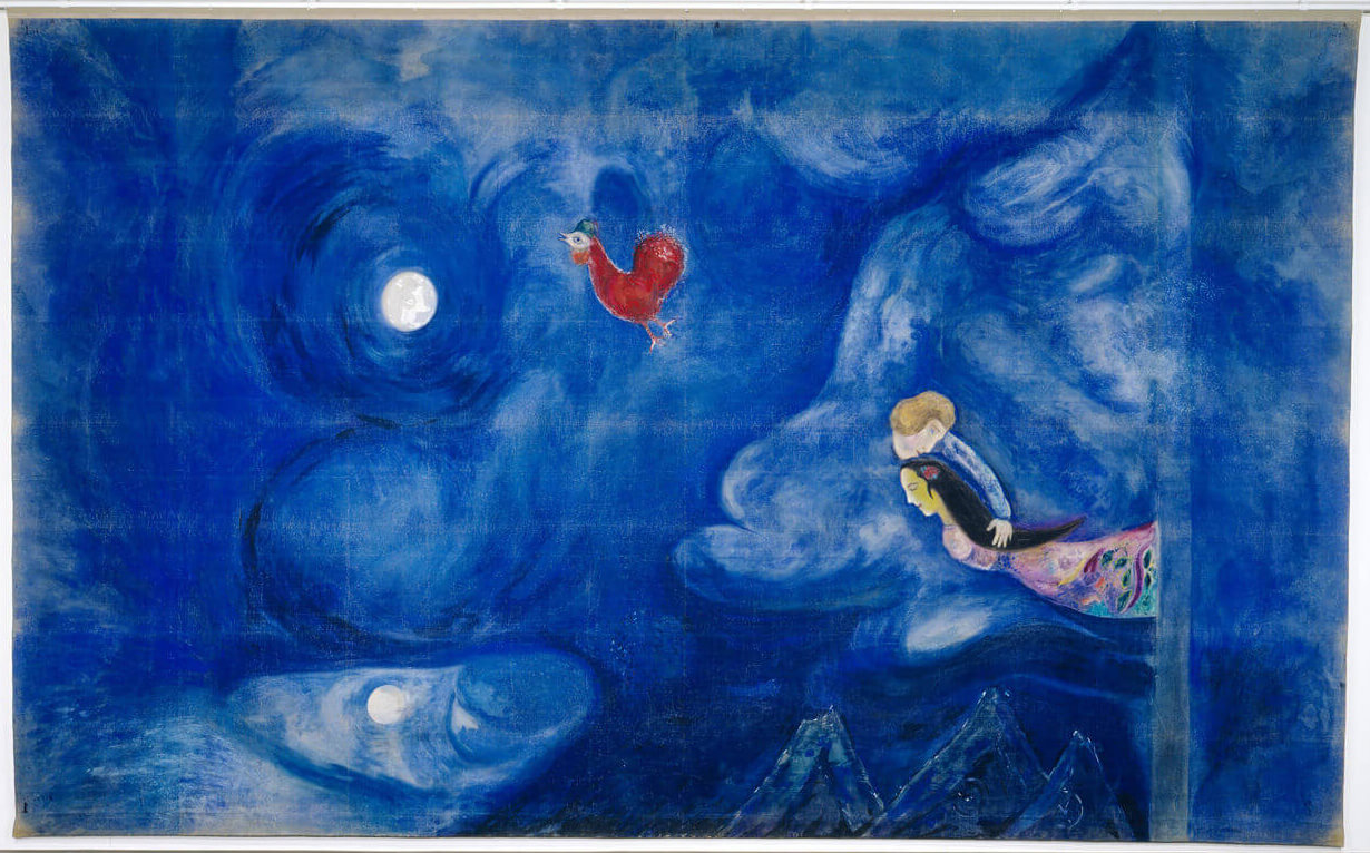 マルク・シャガール　バレエ『アレコ』のための背景画　1942年 第１幕　《月光のアレコとゼンフィラ》© ADAGP, Paris & JASPAR, Tokyo, 2022, Chagall®   G2896