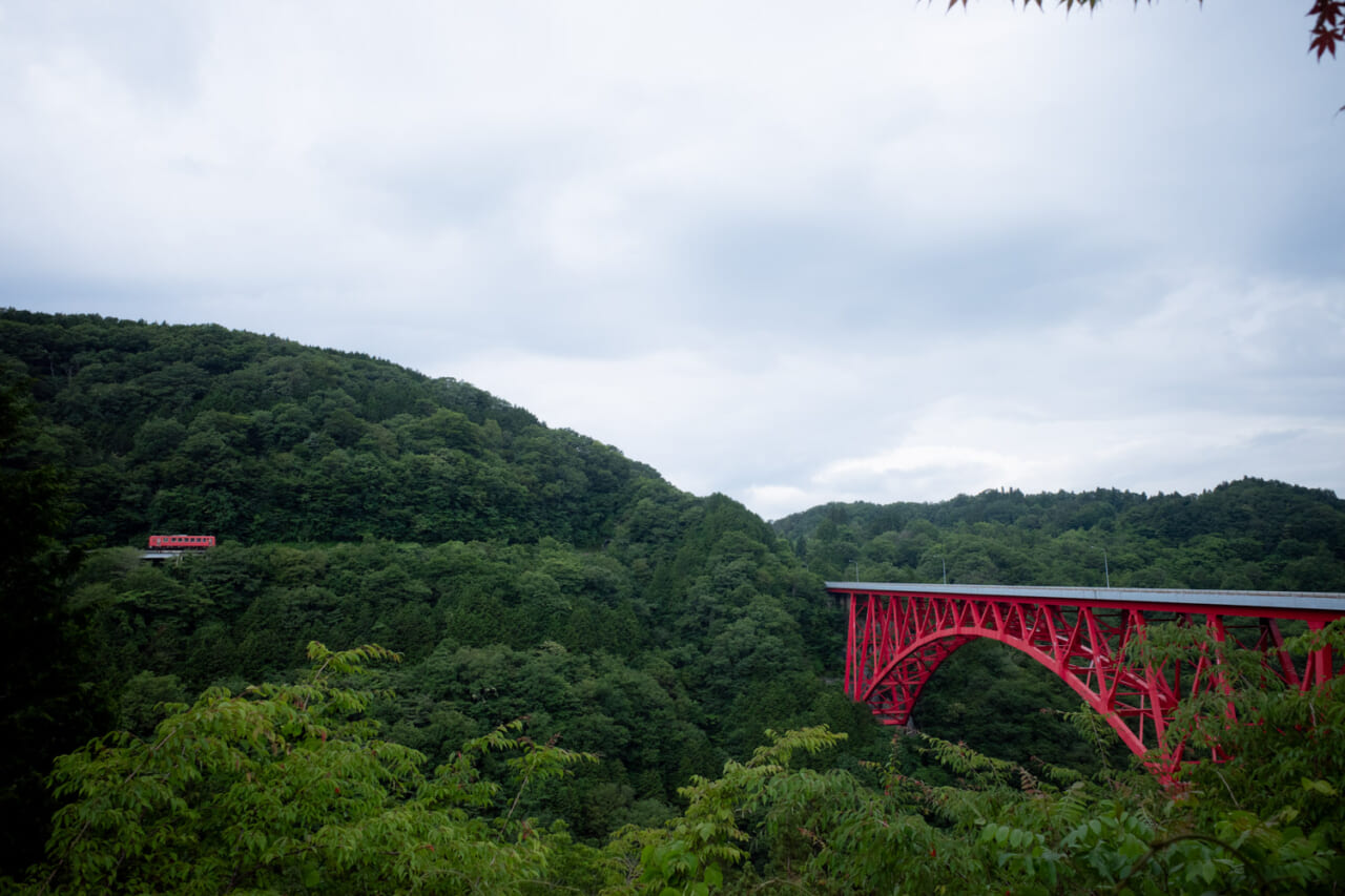 ▲山を横切るようにゆっくり走るオレンジ色の列車。