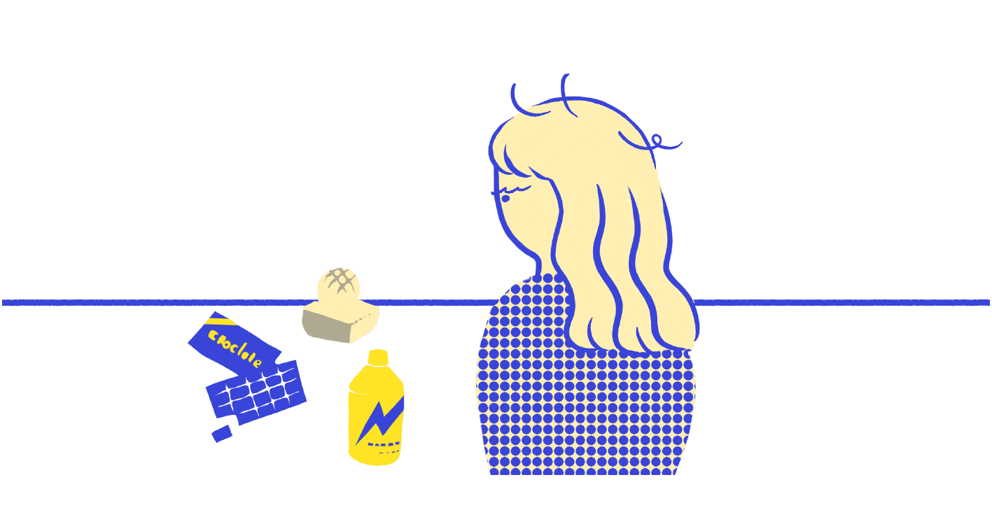 食べ物を前にたたずむ松本の絵