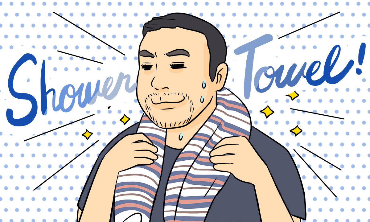 イラスト「シャワータオルを肩にかける武井」