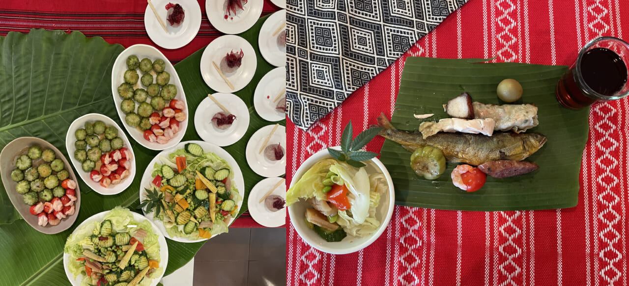ランチは原住民らしいテーブルセッティングで盛り上がります。先住民のスパイスを使ったり、鮎や丸い苦瓜など、ご当地食材を生かした料理をいただきました。