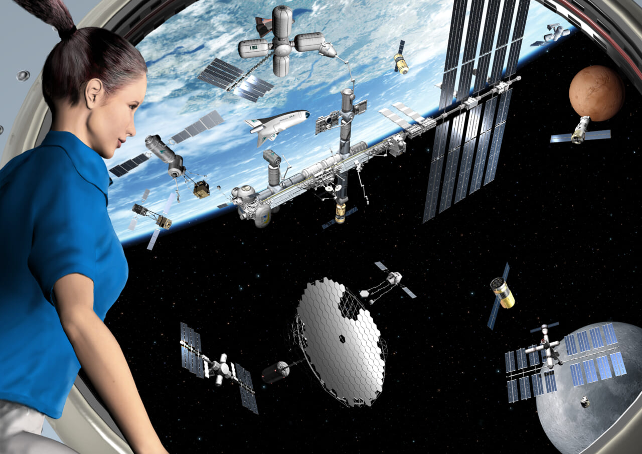 地球周辺：将来の地球低軌道・近傍での活動風景（イメージ図）©JAXA