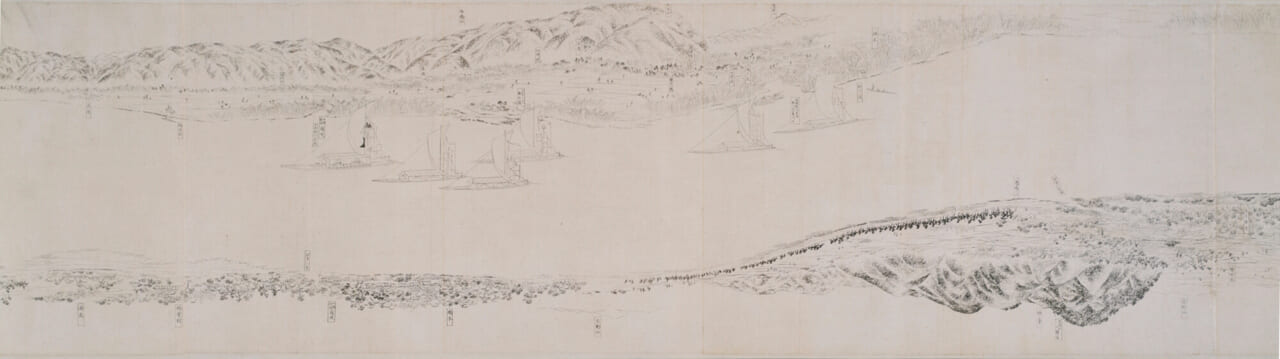 円山応挙《淀川両岸図巻 下図》（部分）紙本墨画 江戸時代 宝暦十三年（1763年）
