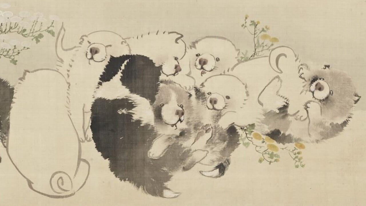 明治後期 六曲 一 双屏風 金沢金箔 猫犬絵 明治後期 六曲 一 双屏風 金沢金箔 猫犬絵 京都・細見美術館 琳派