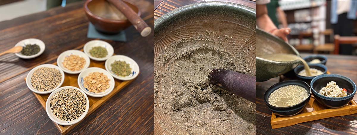 左：材料。真ん中：粘るまですりつぶす。右：お湯で伸ばしてお米のパフとか枸杞（クコ）を浮かべていただく。