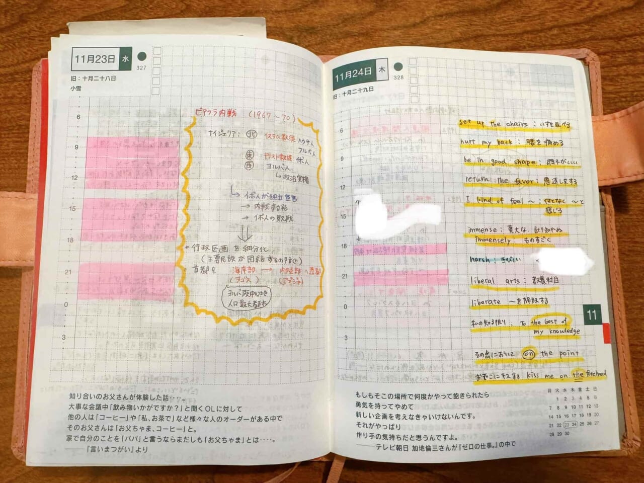 ▲時間軸のピンクのマーカーは勉強時間。フリースペースには、重要ポイントと思われる書き込みが。