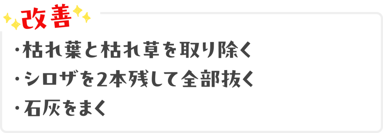 改善：枯れ葉と枯れ草を取り除く、シロザを２本残して全部抜く、石灰をまく