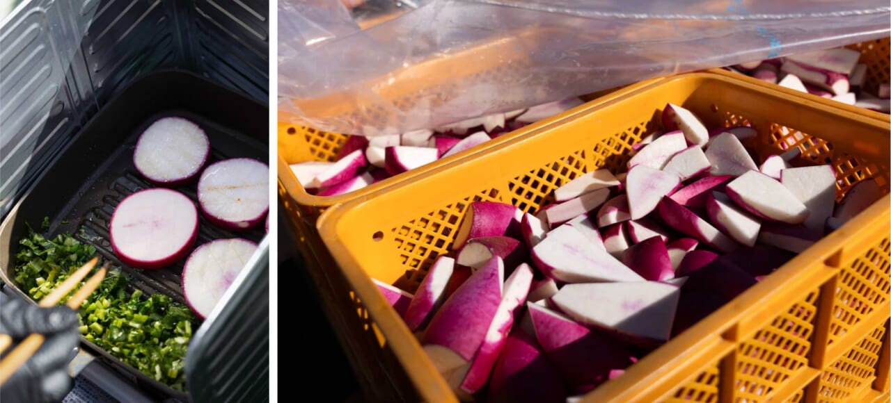 ▲伝統野菜の保平カブをアウトドアクッキング。温かいまま食事を提供する工夫も凝らされています