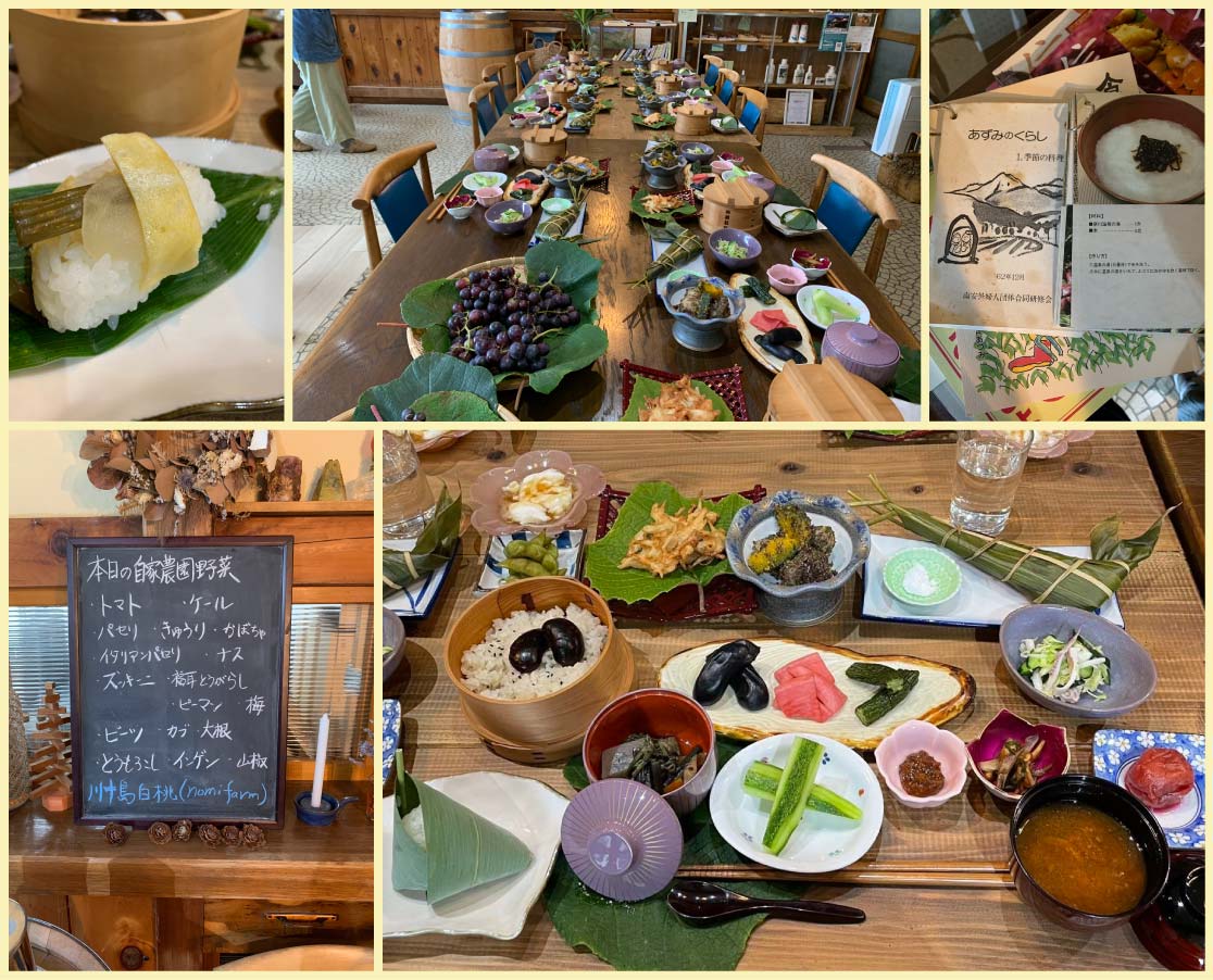 ▲「母から学んだ郷土料理を食べていただくのが楽しみで、夢中で準備しました」と、地域のお母さんたち。マツーラさん、ミスミさんは、とくにクマザサを使った包み料理が印象的だったそう。
