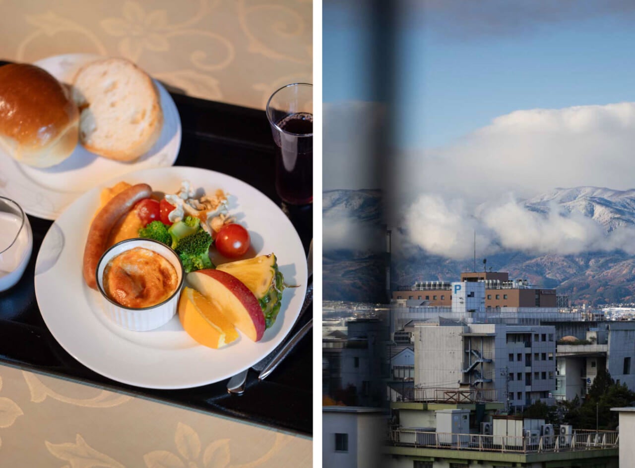 ▲部屋の窓からは北アルプス常念方面の山並みを眺められた。気持ちのいい朝。