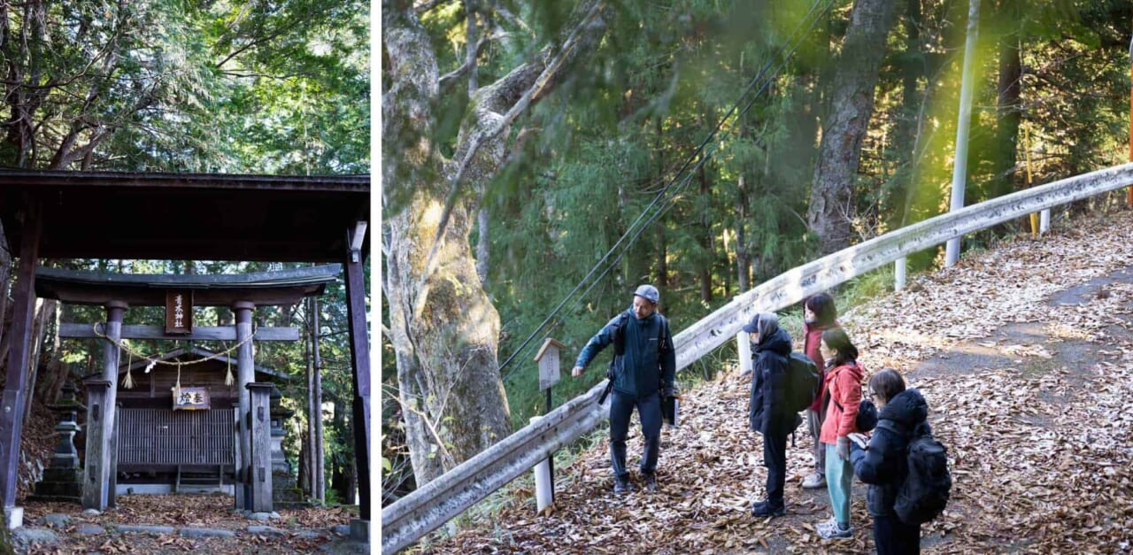 ▲静かな道の脇の神社も、集落のひとたちによってきれいに管理されている。
