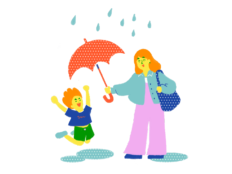 雨の中で傘をさすお母さんと喜ぶ子どものイラスト