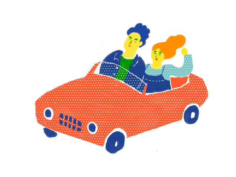 車に乗って楽しそうにしている男女2人のイラスト