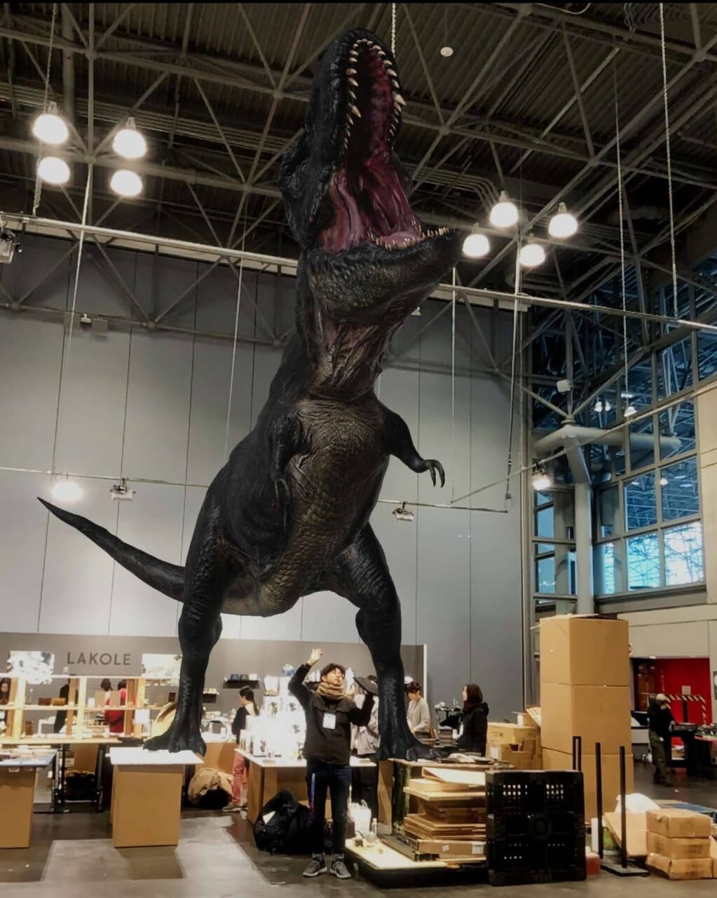 「恐竜コレクター」のモードで、ティラノサウルスを飛び出させて撮った写真。