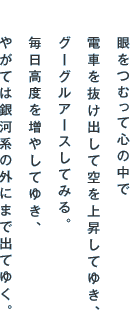 ނĐS̒ dԂ𔲂oċ㏸Ă䂫A O[OA[XĂ݂B x𑝂₵Ă䂫A ₪Ă͋͌n̊Oɂ܂ŏoĂ䂭B