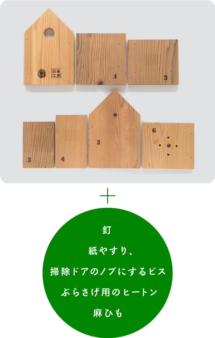 木材、釘、木材をなめらかにする紙やすり、掃除ドアのノブにするビス、ぶらさげ用のヒートン、ぶらさげたりくくりつけるための麻ひもが入っています。