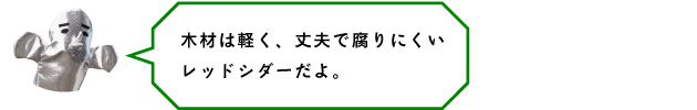 木材は軽く、丈夫で腐りにくいレッドシダーだよ。