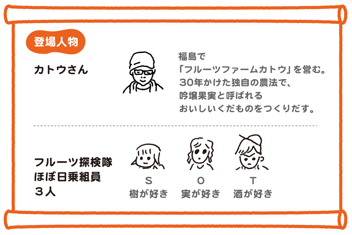登場人物／カトウさん：福島で「フルーツファームカトウ」を営む。30年かけた独自の農法で、吟壌果実と呼ばれるおいしいくだものをつくりだす。／フルーツ探検隊：ほぼ日乗組員３人、S　蜂が好き、O　花が好き、T　酒が好き