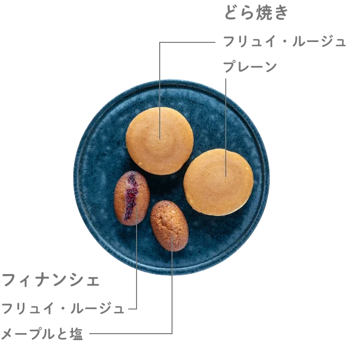 フィナンシェ：フリュイ・ルージュ、メープルと塩 どら焼き：フリュイ・ルージュ、プレーン