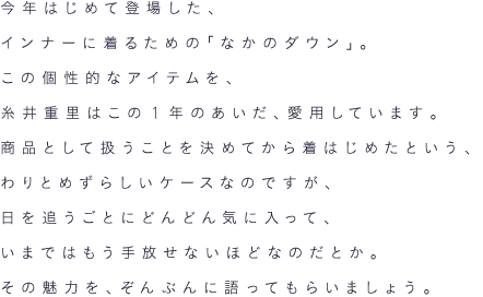 今年はじめて登場した、インナーに着るための「なかのダウン」。この個性的なアイテムを、糸井重里はこの1年のあいだ、愛用しています。商品として扱うことを決めてから着はじめたという、わりとめずらしいケースなのですが、日を追うごとにどんどん気に入って、いまではもう手放せないほどなのだとか。その魅力を、ぞんぶんに語ってもらいましょう。