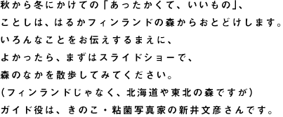 �H����~�ɂ����Ắu�����������āA�������́v�A ���Ƃ��́A�͂邩�t�B�������h�̐X���炨�Ƃǂ����܂��B  �����Ȃ��Ƃ����`������܂��ɁA �悩������A�܂��̓X���C�h�V���[�ŁA �X�̂Ȃ����U�����Ă݂Ă��������B �i�t�B�������h����Ȃ��A�k�C���Ⓦ�k�̐X�ł����j  �K�C�h���́A���̂��E�S�ێʐ^�Ƃ̐V�䕶�F����ł��B