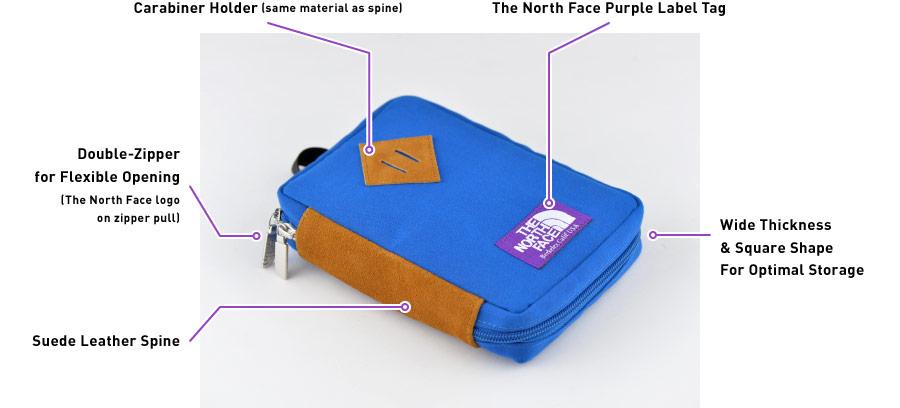 Suede Leather Spine | Double-Zipper for Flexible Opening (The North Face logo on zipper pull) | Carabiner Holder (same material as spine) | The North Face Purple Label Tag | Wide Thickness & Square Shape | For Optimal Storage