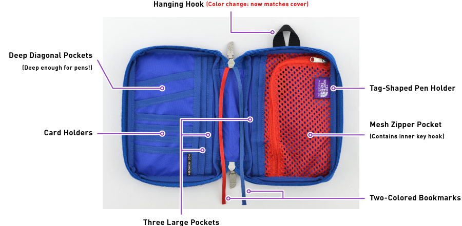 Three Large Pockets | Card Holders | Deep Diagonal Pockets (Deep enough for pens!) | Hanging Hook (Color change: now matches cover) | Tag-Shaped Pen Holder | Mesh Zipper Pocket (Contains inner key hook) | Two-Colored Bookmarks