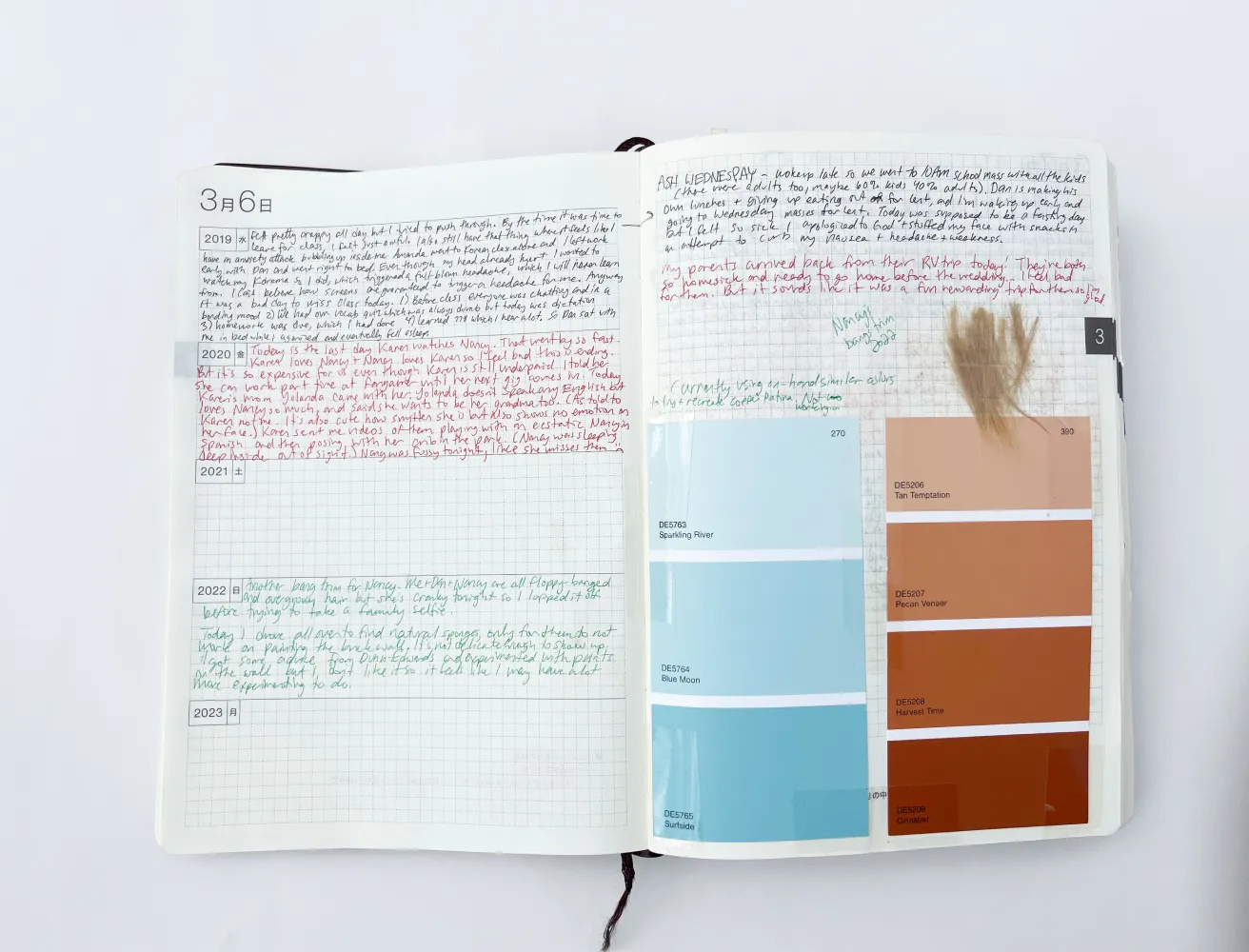 I keep a journal about me and my family. I paste in various memories, like swatches for wall paint and locks of hair when I trimmed my daughter’s hair.