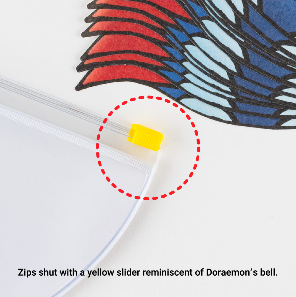 Zips shut with a yellow slider reminiscent of Doraemon’s bell.
