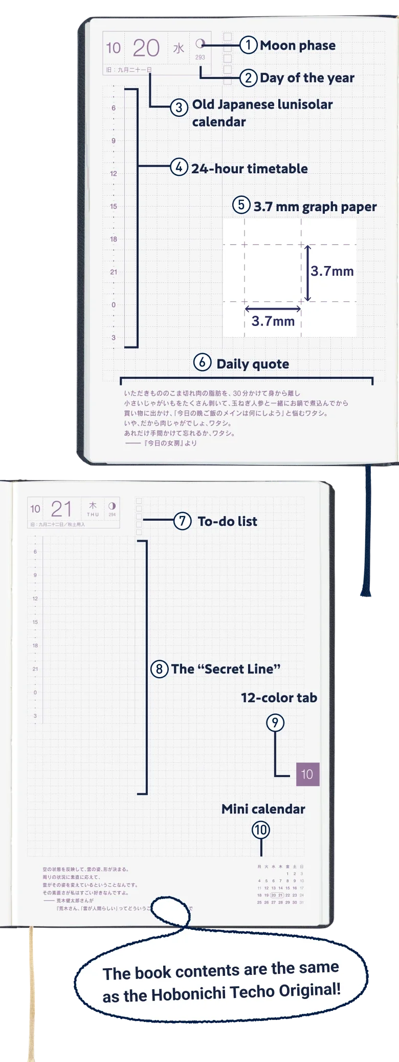The book contents are the same as the Hobonichi Techo Original!