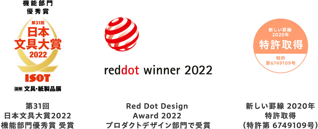 第31回 日本文具大賞2022 機能部門優秀賞 受賞
                    Red Dot Design Award 2022 プロダクトデザイン部門で受賞
                    新しい罫線 2020年 特許取得（特許第 6749109号）