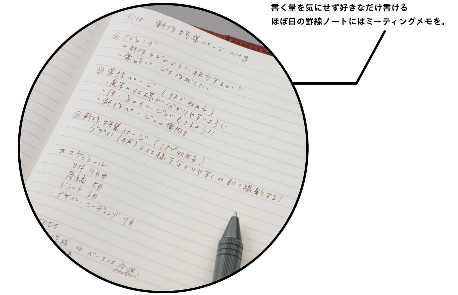 書く量を気にせず好きなだけ書ける
                    ほぼ日の罫線ノートにはミーティングメモを。